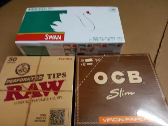 LOT OF 6 ASSORTED SEALED SMOKING ACCESSORIES TO INCLUDE RAW TIPS, OCB SLIM AND SWAN MENTHOL TIPS
