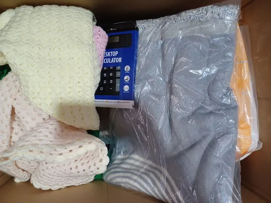 BOX OF APPROXIMATELY 10 ASSORTED HOUSEHOLD ITEMS TO INCLUDE BACK CUSHION, DESKTOP CALCULATOR, ETC