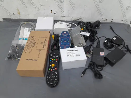 LOT OF ASSORTED HOUSEHOLD ITEMS TO INCLUDE REMOTE CONTROLS, CABLES AND ADAPTORS