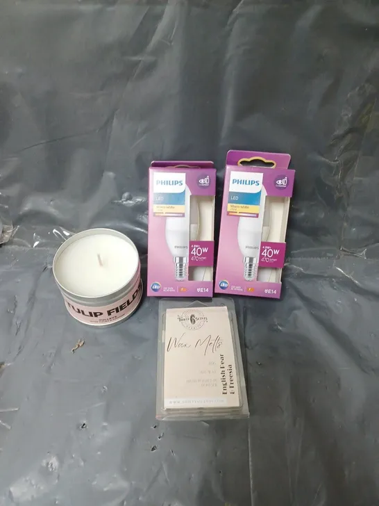 BOX OF APPROXIMATELY 15 ASSORTED HOUSEHOLD ITEMS TO INCLUDE LIGHT BULBS, WAX MELTS AND SCENTED CANDLE