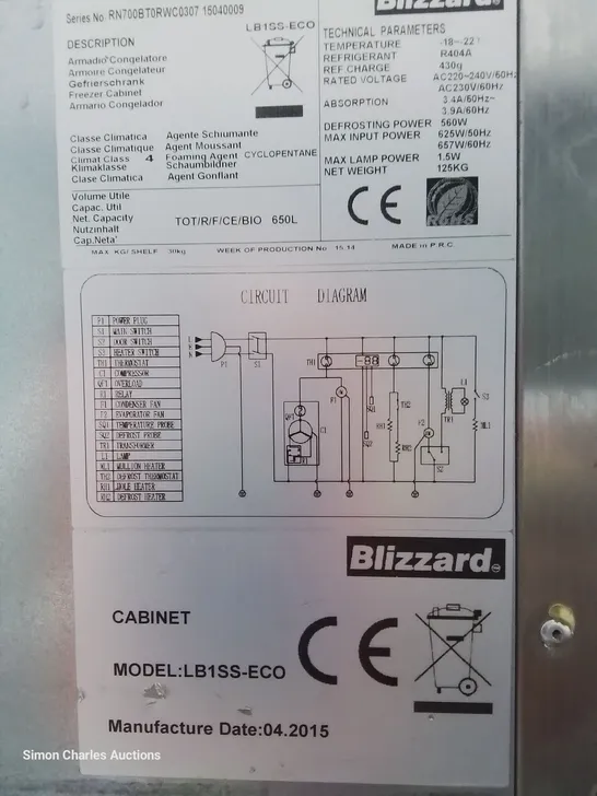 BLIZZARD BLUE LINE TALL COMMERCIAL FREEZER Model LB1SE-ECO