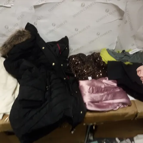 BOX OF APPROXIMATELY 10 VARIOUS CLOTHING ITEMS TO INCLUDE CENTIGRANDE BLACK M COAT, RUTH LONGSFORD JEWELLED JACKET, AND DANNII MINOGUE PETITE PINK/WHITE TOP ETC.