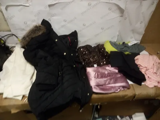 BOX OF APPROXIMATELY 10 VARIOUS CLOTHING ITEMS TO INCLUDE CENTIGRANDE BLACK M COAT, RUTH LONGSFORD JEWELLED JACKET, AND DANNII MINOGUE PETITE PINK/WHITE TOP ETC.