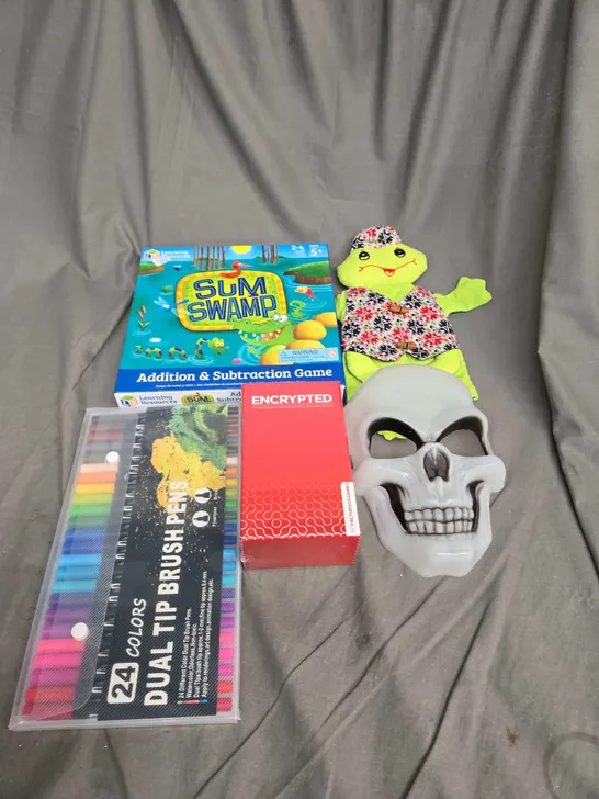 BOX OF ASSORTED TOYS AND GAMES TO INCLUDE PENS, MATHS GAME AND COSTUME MASK