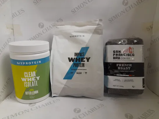 BOX OF 3 ITEMS TO INCLUDE MYPROTEIN IMPACT WHEY PROTEIN, MYPROTEIN CLEAR WHEY ISOLATE AND SAN FRANCISCO FRENCH ROAST COFFEE BEANS