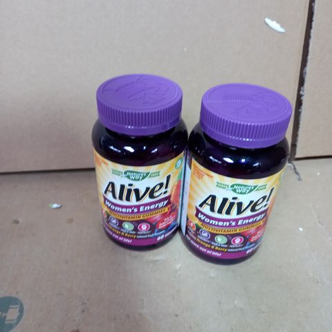 2 X OPENED, UNSEALED AND PARTIALLY CONSUMED BOTTLES OF WOMEN'S "ALIVE" MULTIVITAMIN GUMMIES IN ORANGE AND BERRY FLAVOUR