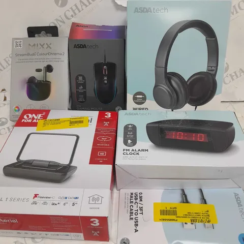 BOX OF APPROXIMATELY 20 ASSORTED ITEMS TO INCLUDE ALARM CLOCK, HEADPHONES, GAMING MOUSE ETC