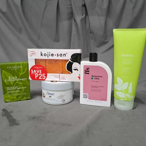 APPROXIMATELY 20 ASSORTED COSMETIC PRODUCTS TO INCLUDE DOVE EXFOLIATING BODY SCRUB, TROPIC BODY WASH AND KOJIE SAN SOAP