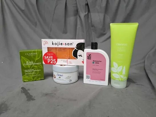 APPROXIMATELY 20 ASSORTED COSMETIC PRODUCTS TO INCLUDE DOVE EXFOLIATING BODY SCRUB, TROPIC BODY WASH AND KOJIE SAN SOAP