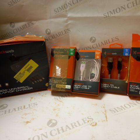 LOT OF 5 ASSORTED BLACK WEB ITEMS TO INCLUDE UNIVERSAL LAPTOP CHARGER, CHARGE CABLE, USB CABLE