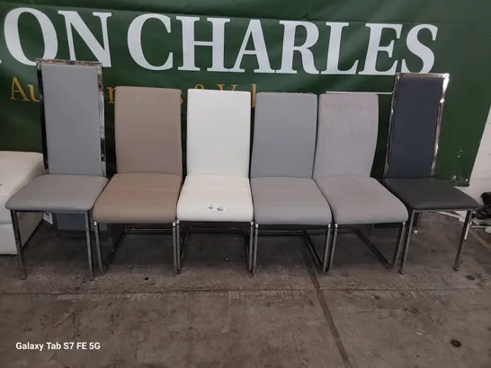 SIX ASSORTED UPHOLSTERED DINING CHAIRS ON CHROME FRAMES 