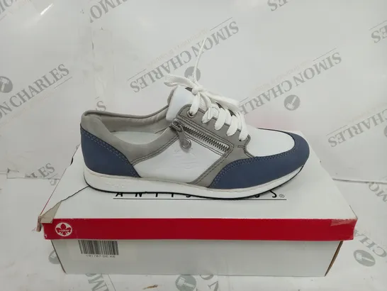 BOXED PAIR OF RIEKER SNEAKERS WITH REMOVABLE INSOLE COMBINATION BLUE UK SIZE 6