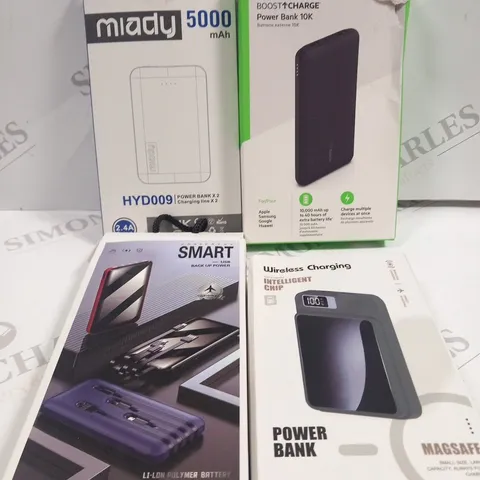 4 ASSORTED BOXED POWER BANKS TO INCLUDE; MIADY 5000 AND BELKIN BOOST CHARGE