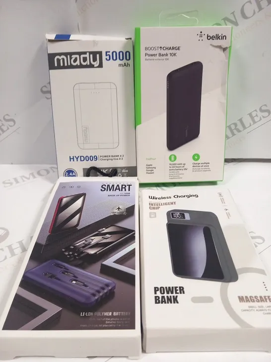 4 ASSORTED BOXED POWER BANKS TO INCLUDE; MIADY 5000 AND BELKIN BOOST CHARGE