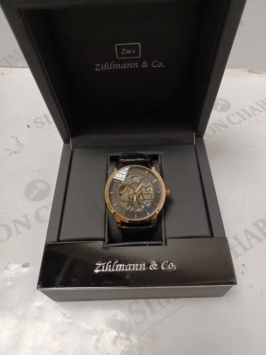 ZIHLMANN & CO GOLD EFFECT SKELETON BLACK LEATHER STRAP WRISTWATCH