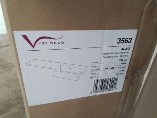 BOXED AS NEW VELDEAU ARNO 1500MM RH SEMI RECESSED CAST WING BASIN - 1534X420X200MM