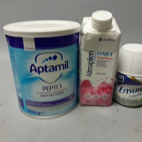 APPROXIMATELY 20 ASSORTED FOOD/DRINK PRODUCTS TO INCLUDE APTAMIL PEPTI 1 (400g), ABBOTT ENSURE COMPACT (125ml), NUALTRA ALTRAPEN COMPACT DAILY (250ml), ETC