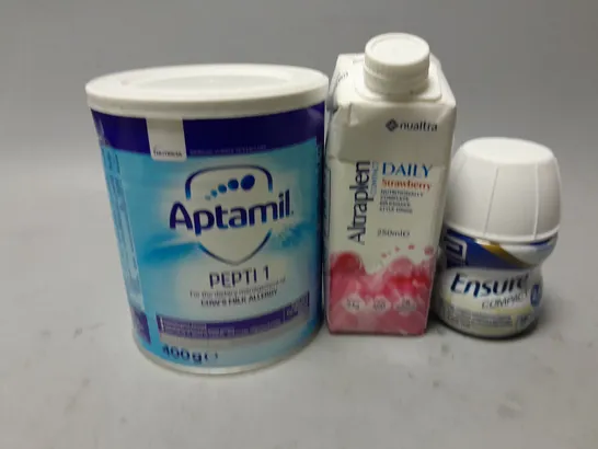 APPROXIMATELY 20 ASSORTED FOOD/DRINK PRODUCTS TO INCLUDE APTAMIL PEPTI 1 (400g), ABBOTT ENSURE COMPACT (125ml), NUALTRA ALTRAPEN COMPACT DAILY (250ml), ETC