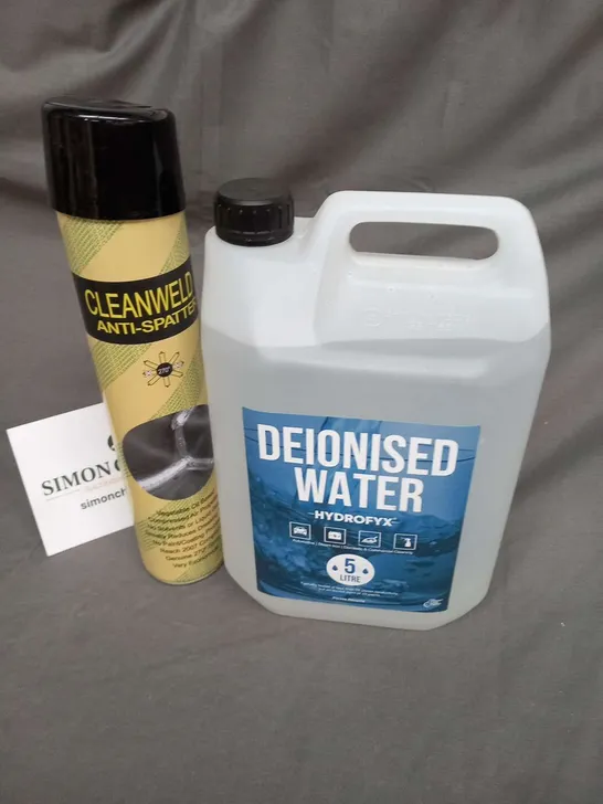 DEIONISED WATER HYDROFYX 5LITRE AND CLEANWELD ANTI SPLATTER 600ML