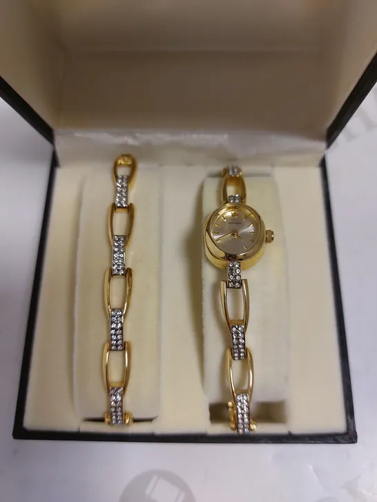 BOXED SEKONDA BRACELET AND WATCH SET - GOLD EFFECT WITH SPARKLE STONES