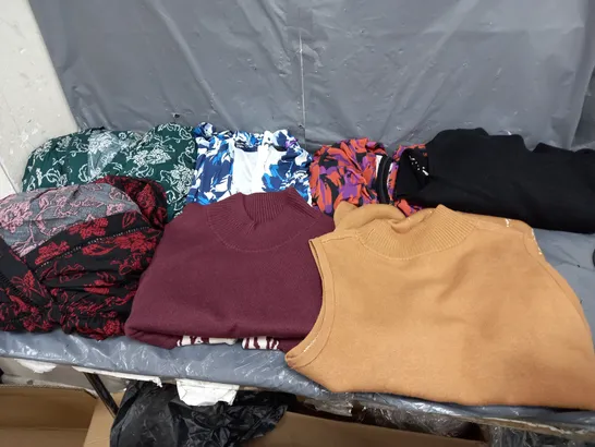 BOX OF APPROXIMATELY 10 ASSORTED PIECES OF CLOTHING IN VARIOUS STYLES, SIZES, AND BRANDS 