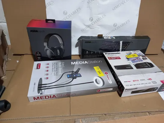 BOX OF APPROXIMATELY 15 ASSORTED ITEMS TO INCLUDE A 3IN1 MULTI-STRAND, A GAMING HEADSET, A WIRELESS SILENT KEYBOARD AND A BLUERAY DISC PLAYER