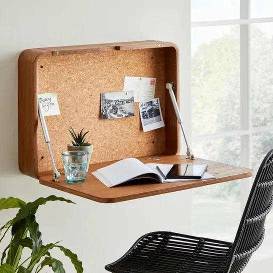 BOXED BENT PLY WALL MOUNTED DESK IN WALNUT , H42 X W60 X D12.4 CM 