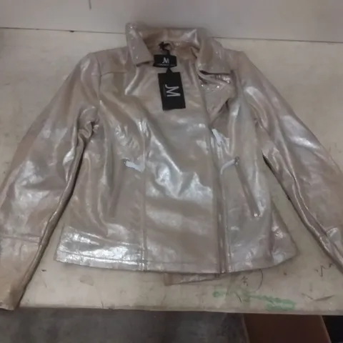 BOX OF APPROX 9 JULIEN MACDONALD BEIGE/SILVER BIKER JACKET - SIZE 10