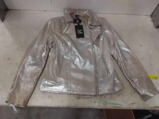 BOX OF APPROX 9 JULIEN MACDONALD BEIGE/SILVER BIKER JACKET - SIZE 10