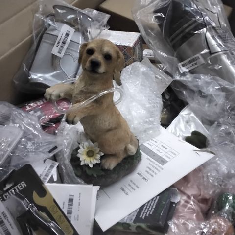 PALLET OF 4 BOXES OF ASSORTED ITEMS INCLUDING WIRE CUTTER, SOLAR LIGHT UP DOG STATUE, SAFETY PIN SET, TIN VASE HEART DESIGN, THERMOS FLASK