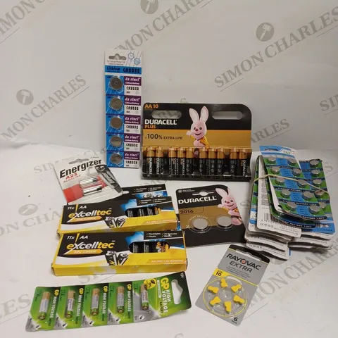 BOX OF ASSORTED BATTERIES IN VARIOUS SIZES TO INCLUDE AA, A23, CR 2016 ETC