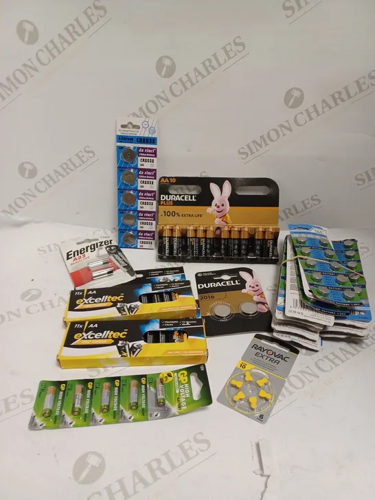 BOX OF ASSORTED BATTERIES IN VARIOUS SIZES TO INCLUDE AA, A23, CR 2016 ETC