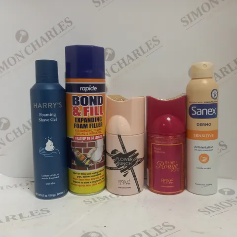 BOX OF APPROX 15 ASSORTED AEROSOLS TO INCLUDE - SANEX DERMO SENSITIVE - BRIGHT ROUGE PRIVE - FLOWER BUNCH PRIVE ECT