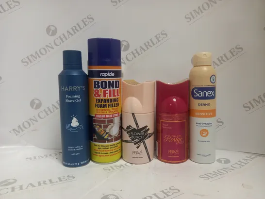 BOX OF APPROX 15 ASSORTED AEROSOLS TO INCLUDE - SANEX DERMO SENSITIVE - BRIGHT ROUGE PRIVE - FLOWER BUNCH PRIVE ECT