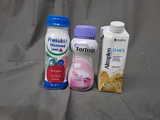 APPROXIMATELY 25 ASSORTED DRINK PRODUCTS TO INCLUDE ATRAPLEN COMPACT DAILY NUTRITION DRINK, FRESUBIN NUTRITION DRINK, NUTRICIA FORTISIP NUTRITION DRINK