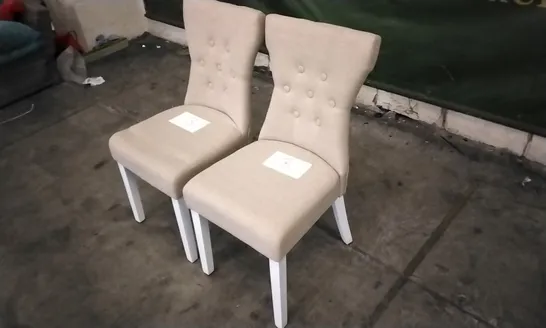 PAIR OF BEWLEY OATMEAL FABRIC BUTTON BACK DINING CHAIRS WITH WHITE LEGS