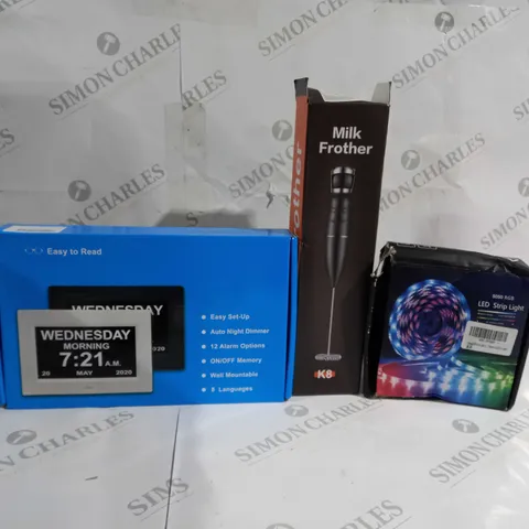 APPROXIMATELY 20 ASSORTED ITEMS TO INCLUDE DIGITAL CLOCK, MILK FROTHER, LED STRIP LIGHT ETC. 