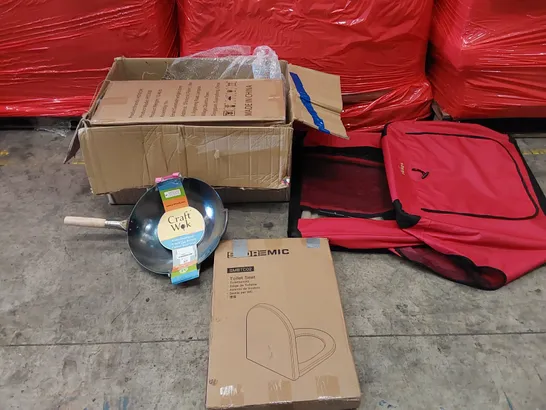 PALLET OF ASSORTED ITEMS INCLUDING: CHRISTMAS DECORATIONS, WOK FRYING PAN, TOILET SEATS, PET TENT