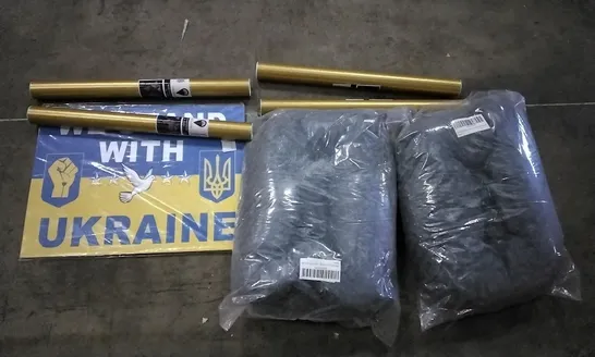 PALLET OF ASSORTED ITEMS INCLUDING WE STAND WITH UKRAINE LAWN SIGN, PET BED, A1 WORLD MAP POSTER