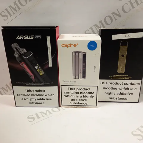 BOX OF APPROXMATELY 28 E-CIGARETTES AND LIQUIDS TO INCLUDE ARGUS PRO, ASPIRE ZELOS 3 MOD IN BLUE, UWELL CALIBURN G POD SYSTEM, ETC