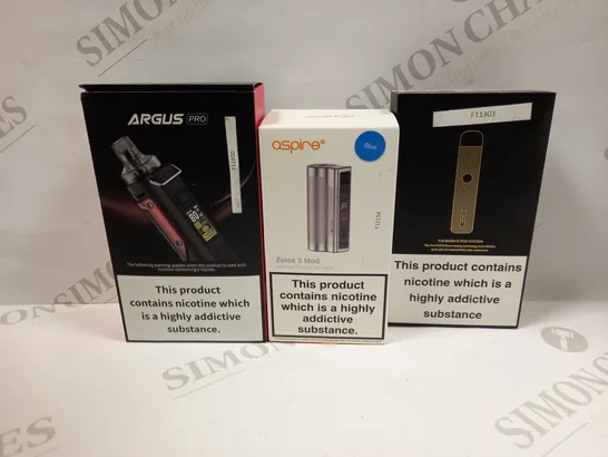 BOX OF APPROXMATELY 28 E-CIGARETTES AND LIQUIDS TO INCLUDE ARGUS PRO, ASPIRE ZELOS 3 MOD IN BLUE, UWELL CALIBURN G POD SYSTEM, ETC