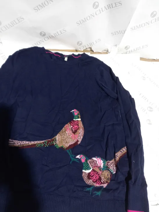 JOULES, NAVY BLUE KNITTED PEACOCK JUMPER SIZE 12 