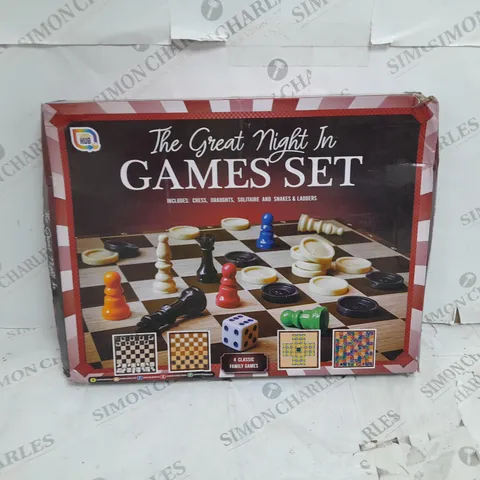 THE GREAT NIGHT IN GAMES SET - INCLUDES CHESS, DRAUGHTS, SNAKE AND LADDERS