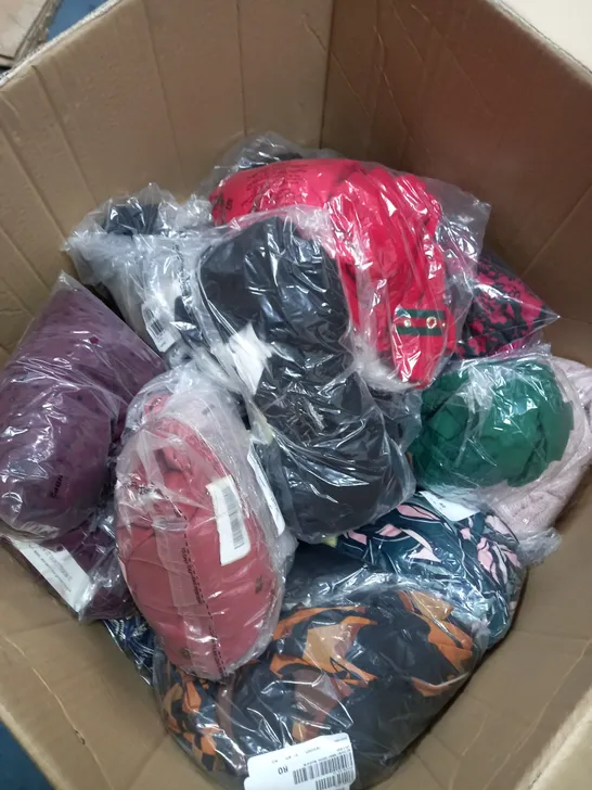 BOX OF ASSORTED CLOTHING ITEMS TOO INCLUDE BAGS , TOPS, AND TROUSERS   ETC. 