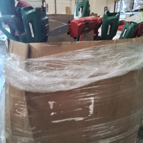 PALLET CONTAINING ASSORTED POWER GARDENING TOOLS INCLUDING, QUALCAST CORDLESS STRIMMERS, HEDGE CUTTERS, POLE SAWS. BOX OF LED LIGHTS