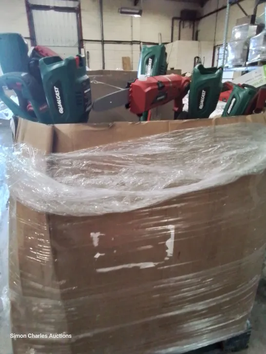 PALLET CONTAINING ASSORTED POWER GARDENING TOOLS INCLUDING, QUALCAST CORDLESS STRIMMERS, HEDGE CUTTERS, POLE SAWS. BOX OF LED LIGHTS