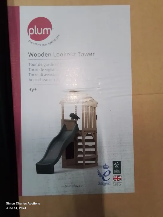 BOXED PLUMPLAY WOODEN LOOKOUT TOWER AND SLIDE SET ( 2 OF 3 BOXES) 1 BOX MISSING