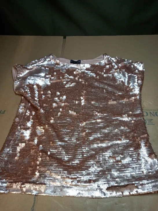 PHASE EIGHT BROWN SEQUINED SHORT SLEEVE TOP - SIZE 10