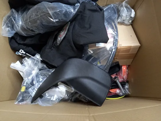 BOX OF ASSORTED CAR PART AND ACCESSORIES TO INCLUDE OIL FILTER - WIND MIRROR - VISE GRIPS / COLLECTION ONLY 