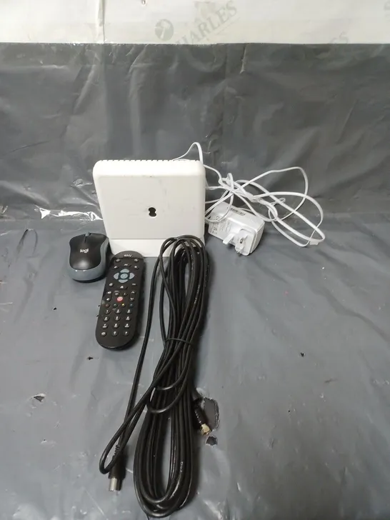 BOX OF APPROXIMATELY 20 ASSORTED ELECTRICAL ITEMS TO INCLUDE REMOTE CONTROLS, POWER CABLES AND ROUTERS